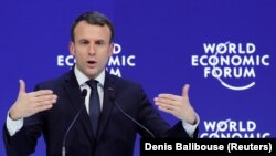 Ֆրանսիայի նախագահ Էմանյուել Մակրոնը ելույթ է ունենում Համաշխարհային տնտեսական ֆորումում, Դավոս, Շվեյցարիա, 24-ը հունվարի, 2018թ.