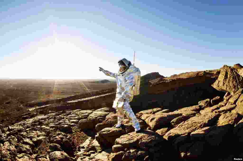 A scientist wears an Aouda X Mars spacesuit simulator in the desert of Morocco. (Reuters/OeWF/Katja Zanella-Kux)