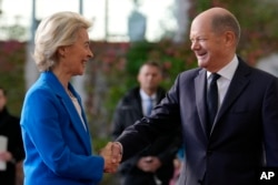 Presidentja e Komisionit Evropian, Ursula von der Leyen, dhe kancelari gjerman, Olaf Scholz, 14 tetor 2024.