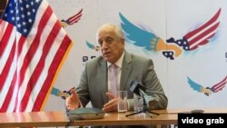 U.S. Special Representative for Afghanistan Reconciliation Zalmay Khalilzad talks to the media in Nur-Sultan last month.