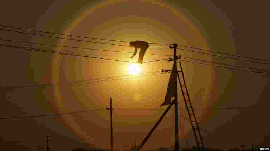 Work is done on newly installed overhead power cables ahead of the Kumbh Mela (Pitcher Festival) as the sun sets in the northern Indian city of Allahabad. (Reuters/Jitendra Prakash)