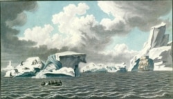 Russian explorers capturing penguins for food on ice floes near Antarctica in early 1820.