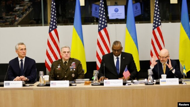 (Left to right) NATO Secretary-General Jens Stoltenberg, Chairman of the U.S. Joint Chiefs of Staff General Mark Milley, U.S. Defense Secretary Lloyd Austin, and Ukrainian Defense Minister Oleksiy Reznikov attend a NATO defense ministers meeting in Brussels on February 14.