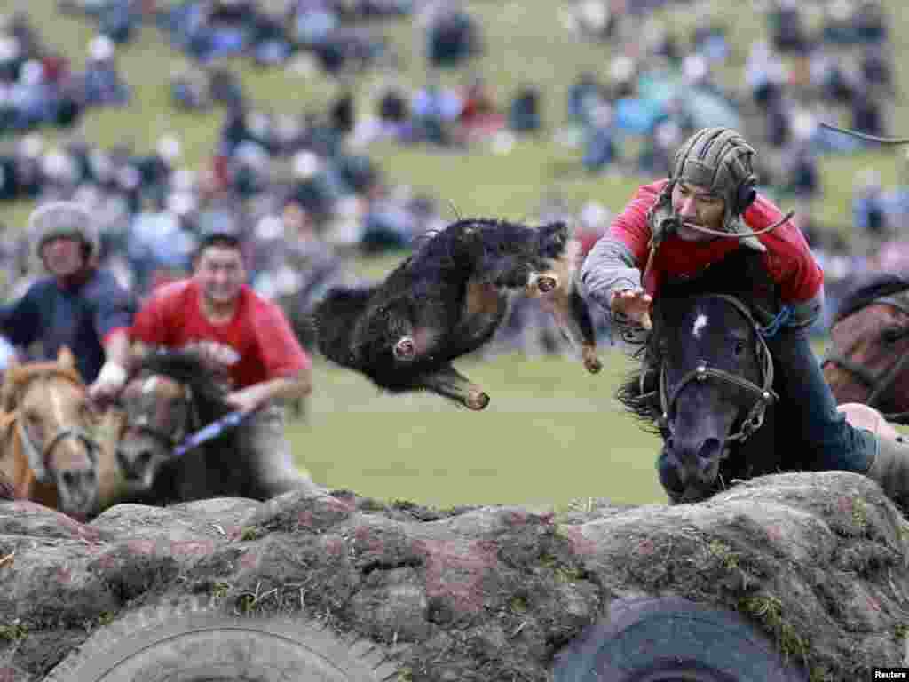 Horsemen take part in a Kok-boru, or goat dragging, competition as they attend a festival of Kyrgyz folklore and popular traditions near the Son-Kul lake, some 400 km northeast of the capital Bishkek. Considered Kyrgyzstan's national sport, Kok-boru is a traditional Central Asian game where players grab a goat carcass from the ground while riding their horses and try to score by placing it in their opponent's goal.Photo by Vladimir Pirogov for Reuters