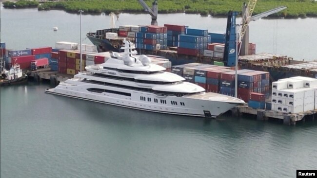 The superyacht Amadea is seen docked at Queens Wharf in Lautoka, Fiji, on May 3.