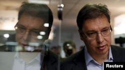 Serbian Prime Minister and leader of the Serbian Progressive Party Aleksandar Vucic at a polling station during elections on April 24, 2016