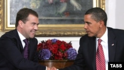 Russian President Dmitry Medvedev (left) and U.S. President Barack Obama during a meeting in New York on September 23.