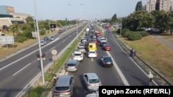 A traffic jam in the Serbian capital, Belgrade, due to a strike over rising fuel prices on June 8, 2018.