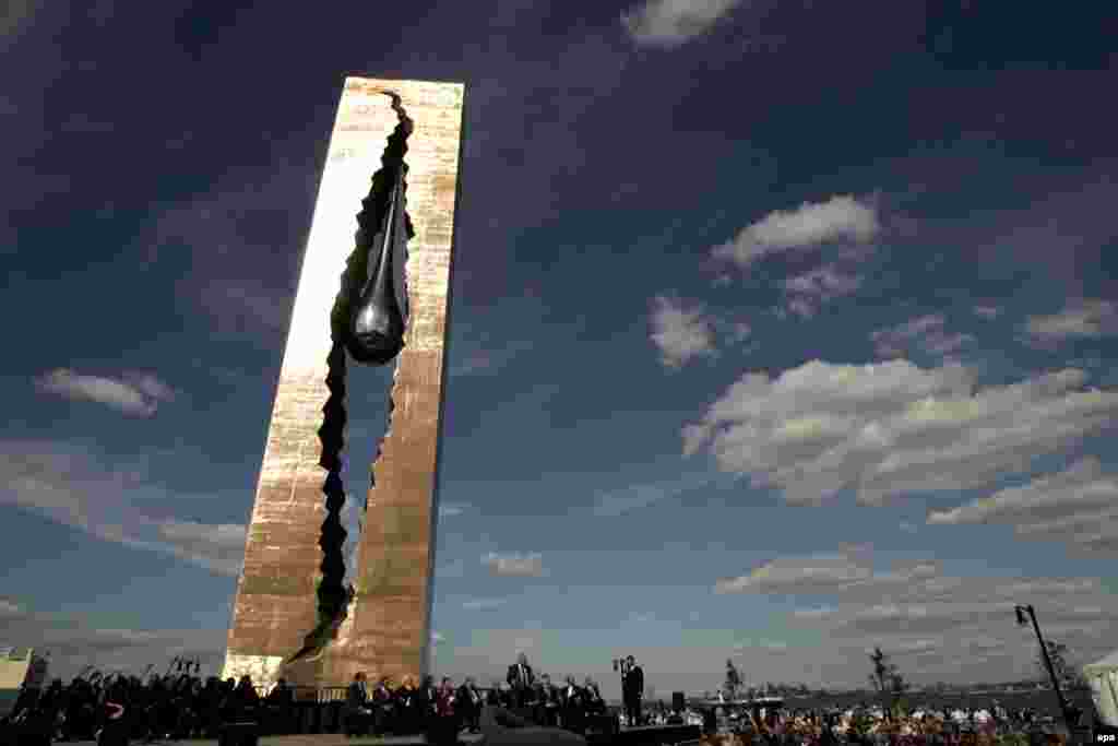 A sculpture by Georgian-Russian artist Zurab Tsereteli, titled To The Struggle Against World Terrorism, stands in&nbsp;Bayonne, New Jersey, near lower Manhattan. The 30-meter-tall work was given to the United States as an official gift of the Russian government in September 2006.