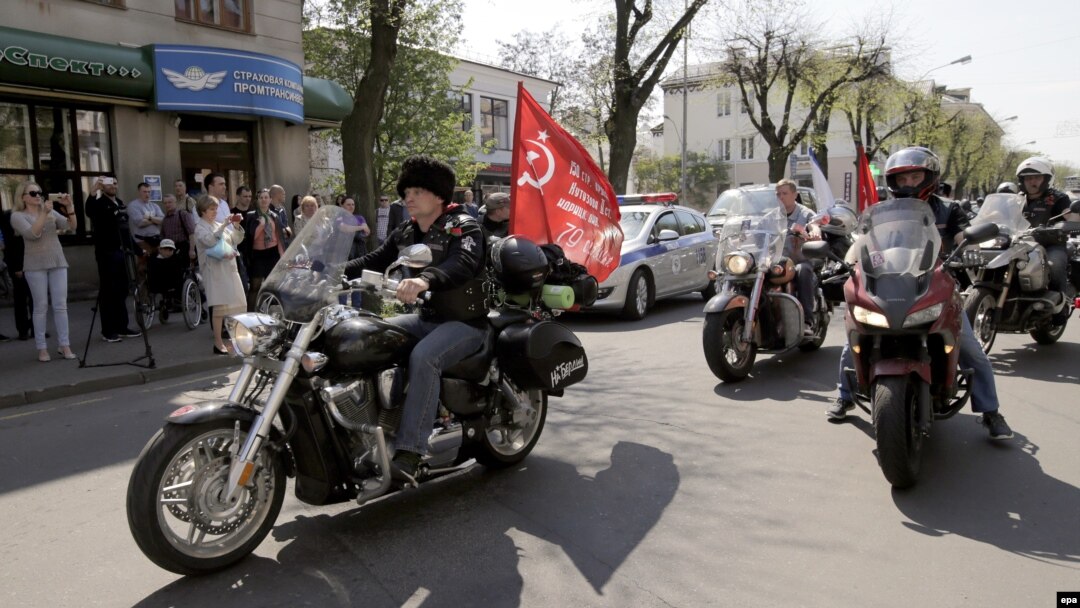 Bikers of the Russian motorcycle club Night Wolves leave the Russian Consulate in Brest, Belarus, after a press conference on April 28.