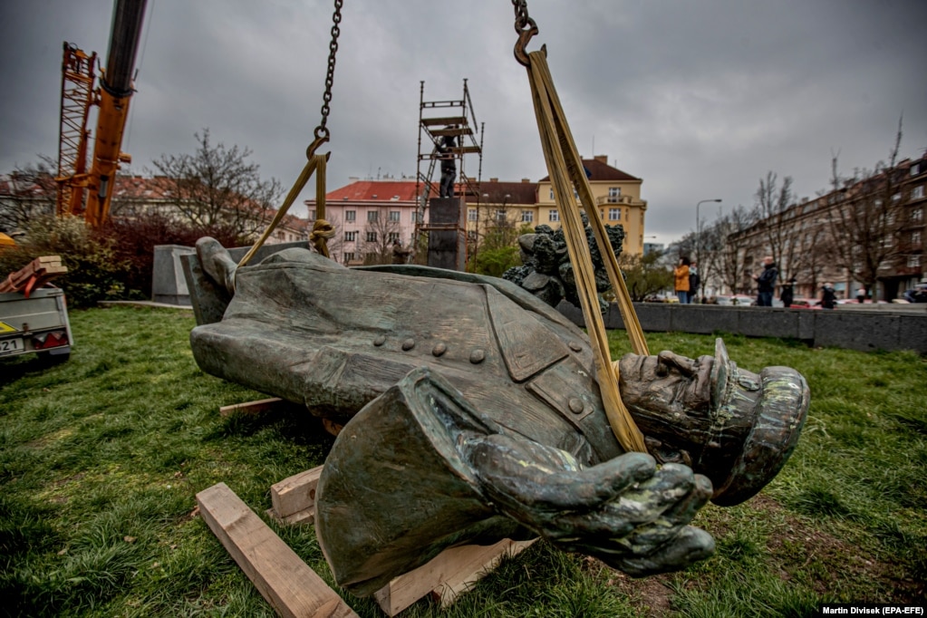 Konev's statue lies on the ground after being removed from its pedestal on April 3.