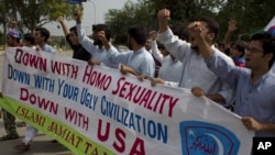 Pakistani students of the Islam-e Jamiat party rally to condemn a meeting organized by the U.S. Embassy supporting gay rights in Islamabad in July.