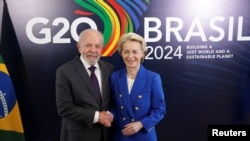 Președintele Braziliei, Lula de Silva o primește pe președinta Comisiei Europene, Ursula von der Leyen, la summitul G20 de la Rio de Janeiro. 