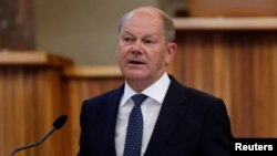 Cancelarul german Olaf Scholz a prezentat în Praga, capitala Cehiei - țară care deține președinția rotativă a UE - viziunea sa asupra viitorului Europei, 29 august 2022.