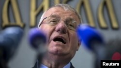 Vojislav Seselj speaks during a news conference inside his Serbian Radical Party headquarters in Belgrade on April 2.