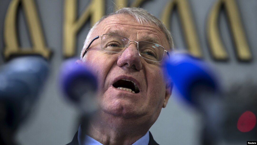 Vojislav Seselj speaks during a news conference inside his Serbian Radical Party headquarters in Belgrade on April 2.