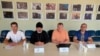 Слева направо: Арсений Вериго, Климент, Андрей Щекун, Андрей Иванец на пресс-конференции КРУК по Дню защиты прав украинской общины Крыма