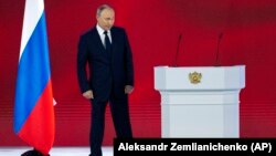 Vladimir Putin, încheindu-și ieri discursul anual privind „starea națiunii” ruse, 21 arilie, 2021.