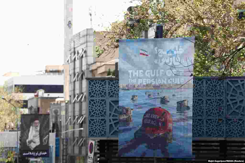 An anti-US banner seen on a street in Tehran on April 1. 