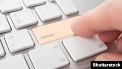 Illustration - Censor press keypad on his keyboard. Internet censorship (expurgate, monitoring and control) threat concept. 