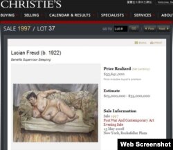 Социальная смотрительница спит. Картина Люсьена Фрейда. Скриншот с сайта аукциона Кристи