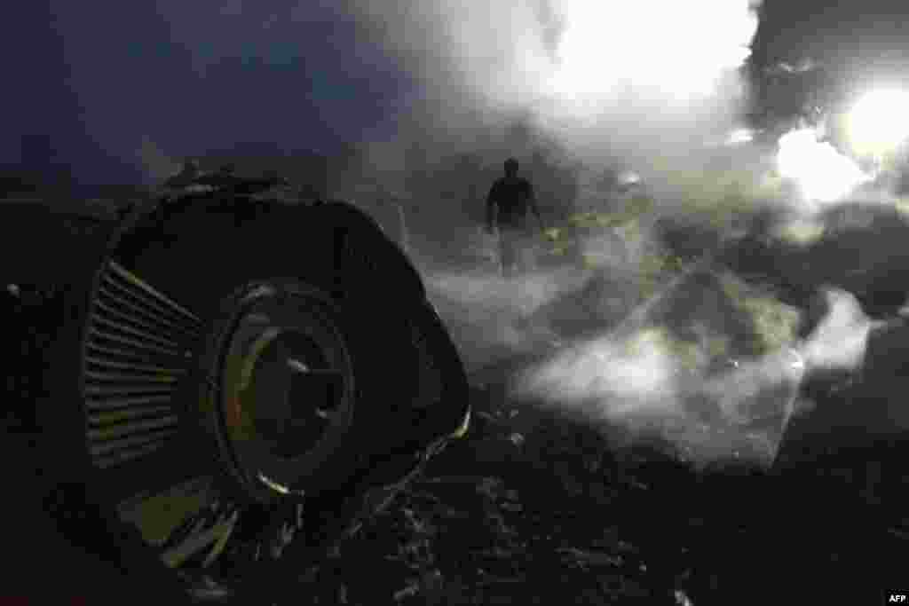 A man walks through the wreckage of a Malaysian airliner brought down near the town of Shaktarsk in rebel-held territory in eastern Ukraine on July 17. All 298 people on board the flight were killed in the disaster. (Alexander Khudoteply, AFP)