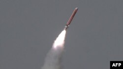 An undated photo of Pakistan's Hatf VII nuclear-capable cruise missile launch.