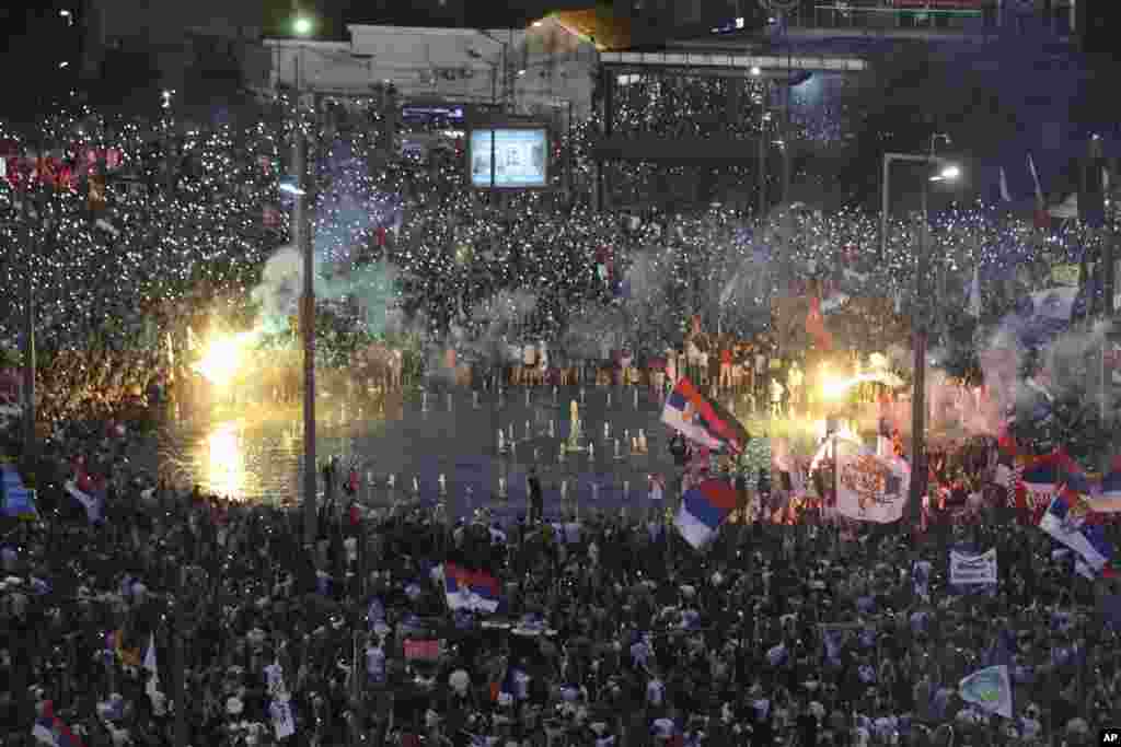 The rally seen on June 28. Serbian president Aleksandar Vucic said law-enforcement agencies were set to make “many more arrests.”