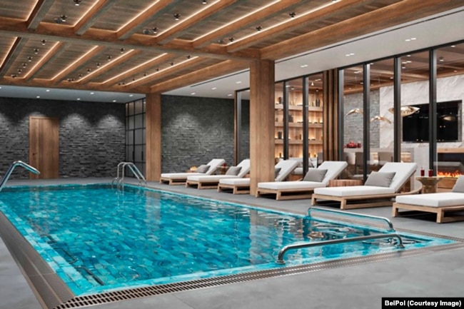 Një pamje e dhomës së pishinës në katin e parë të vilës kryesore. Ilustrim nga projekti i dizajnit "Dizajn i Brendshëm Konceptual për Kompleksin Krasnaya Polyana". Burimi: BelPol