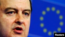 belgium -- Serbia's Prime Minister Ivica Dacic takes part in a news conference after a meeting on Serbia's European Union accession in Brussels, January 21, 2014