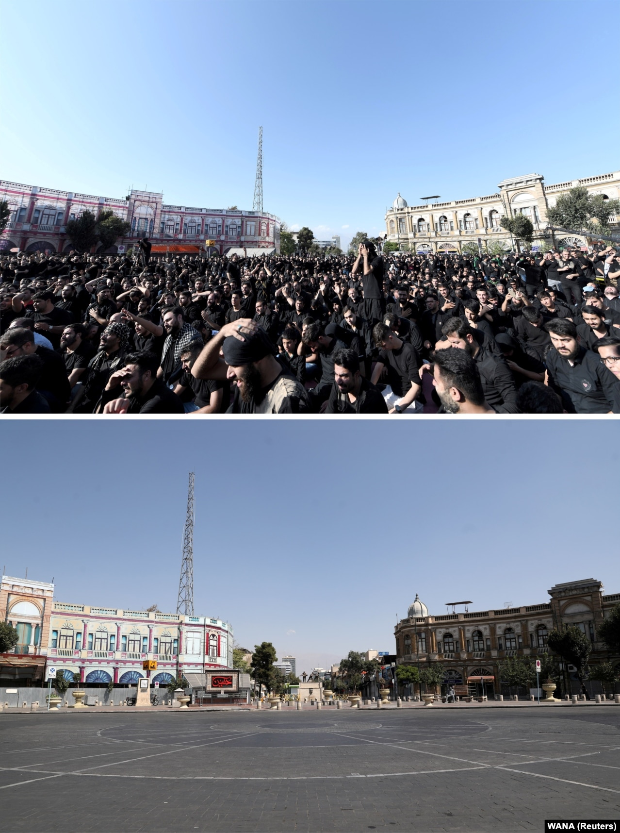 In some places, the pandemic limited public gatherings for Ashura commemorations. The top photo shows a square in Tehran on&nbsp;September 10, 2019. The same location (below) was virtually deserted for Ashura this year, which fell on August 30.