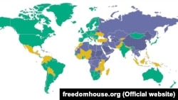 Freedom House ұйымының әлем елдеріндегі еркіндік деңгейі жайлы 2015 жылғы есебінің картасы. 28 қаңтар 2015 жыл.