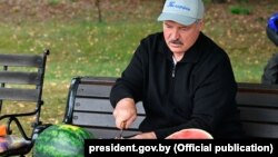 Аляксандар Лукашэнка пасьля сёлетняга збору бульбы і кавуноў