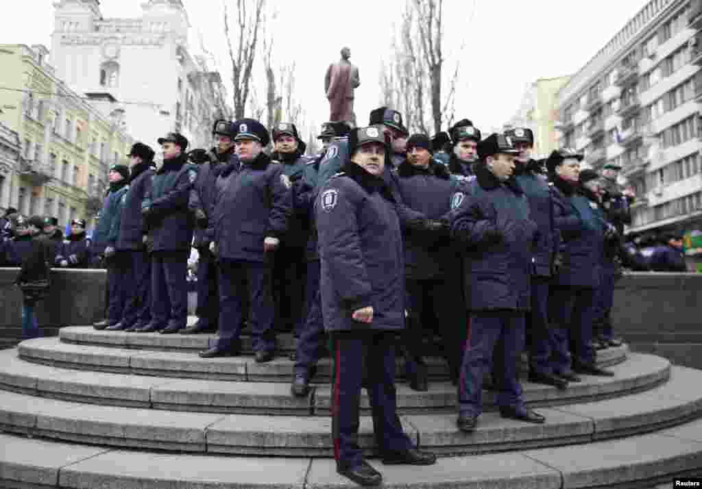 Interior Ministry officers gather during the rally held by supporters of EU integration in Kyiv.