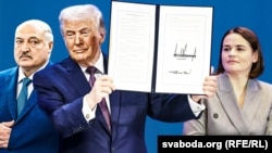 Аляксандар Лукашэнка, Дональд Трамп, Сьвятлана Ціханоўская, Рада міру. Ілюстрацыйны каляж. Свабода Premium 
