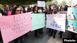 Armenia - Young women protest against government plans to cut maternity benefits, Yerevan, 23Oct2014.