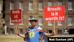 Pristalica anti Brexita ispred Parlamenta u Londonu, juli 2018.