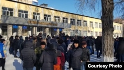 Protesters gather to protest the death of a man in a restaurant in Qaraghandy on January 6. 