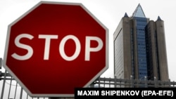 Russia – A stop sign is fixed in front of the Russian Gazprom company's headquarters in Moscow, January 21, 2020