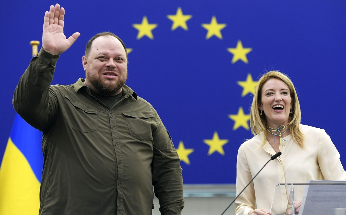 Ukrainian parliament speaker Ruslan Stefanchuk and European Parliament President Roberta Metsola at a session of the European Parliament. Strasbourg, France, June 8, 2022.
