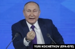 Президент Росії Володимир Путін під час підсумкової пресконференції. Москва, 23 грудня 2021 року