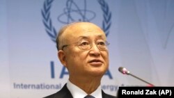 AUSTRIA -- Director General of the International Atomic Energy Agency, IAEA, Yukiya Amano of Japan, addresses the media during a news conference after a meeting of the IAEA board of governors at the International Center in Vienna, June 4, 2018