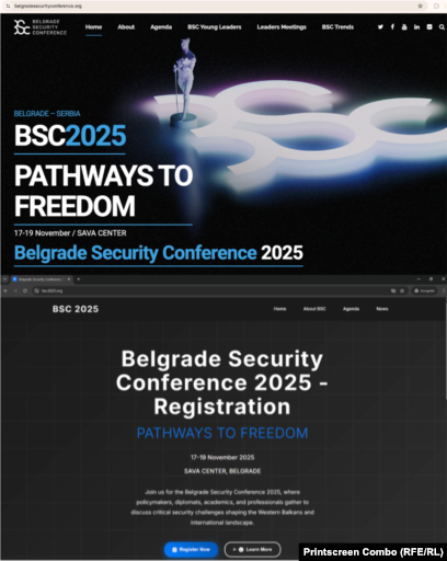 Ueb-faqja e vërtetë he e rremë e Konferencës së Sigurisë në Beograd. Fotografia që gjendet poshtë u krijua nga hakerët me qëllim vjedhjen e llogarive elektronike të pjesëmarrësve të mundshëm.