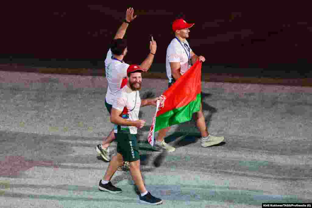 Belarus' team walk through the arena during the opening ceremony.The Eastern European country reportedly sent nine athletes to Kyrgyzstan who will compete in arm-wrestling, belt wrestling, and sambo, a martial art developed by the Soviet Red Army.