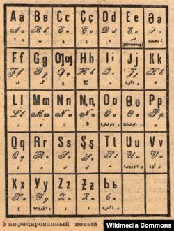1926-жылы сунушталган Яңалиф (Jaꞑalif) орток латын алфавити. Анын негизинде 1927–28-жылдары кыргыз латын алфавити түзүлгөн.