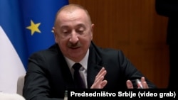 Serbia -- Azerbaijani President Ilham Aliyev speaks during a visit to Belgrade, February 15, 2026.