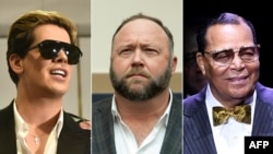 (soldan sağa) britaniyalı çağırışçı Milo Yiannopoulos, Alex Jones və Louis Farrakhan