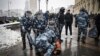 RUSSIA -- Police detain a man during a rally in support of jailed opposition leader Alexei Navalny in Moscow on January 31, 2021.