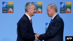 Secretarul general al NATO, Jens Stoltenberg, alături de președintele turc Recep Erdogan. Turcia este una dintre țările care ar interveni în cazul în care România ar fi atacată, a decis NATO, la summitul de la Vilnius. 