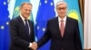 Interim Kazakh President Qasym-Zhomart Toqaev (right) and Donald Tusk, president of the European Council, in Nur-Sultan